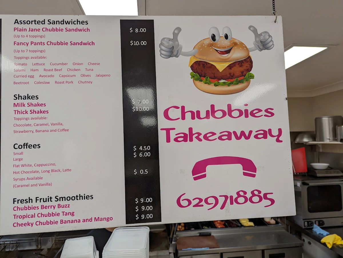 Menu, Chubbies Takeaway