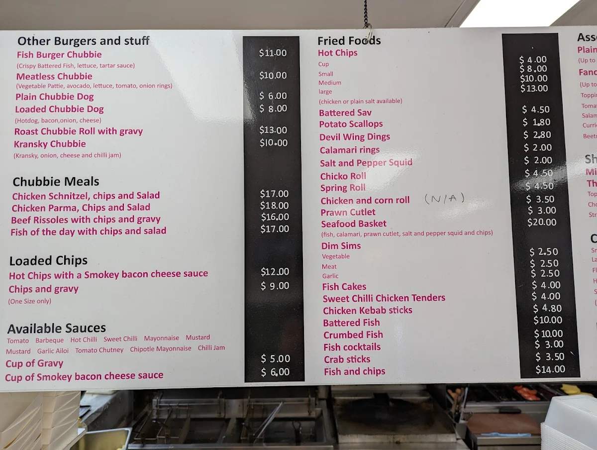 Menu, Chubbies Takeaway