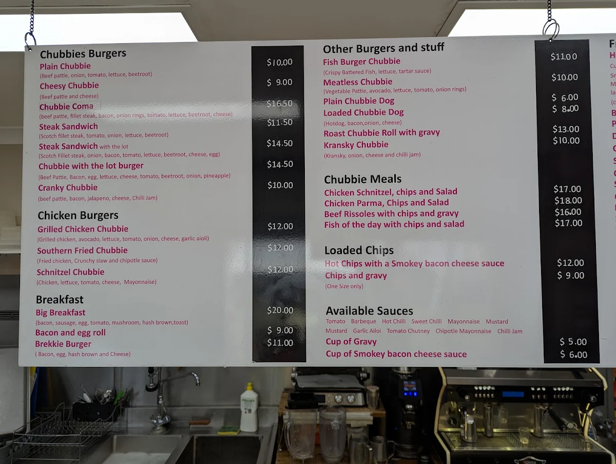 Menu, Chubbies Takeaway