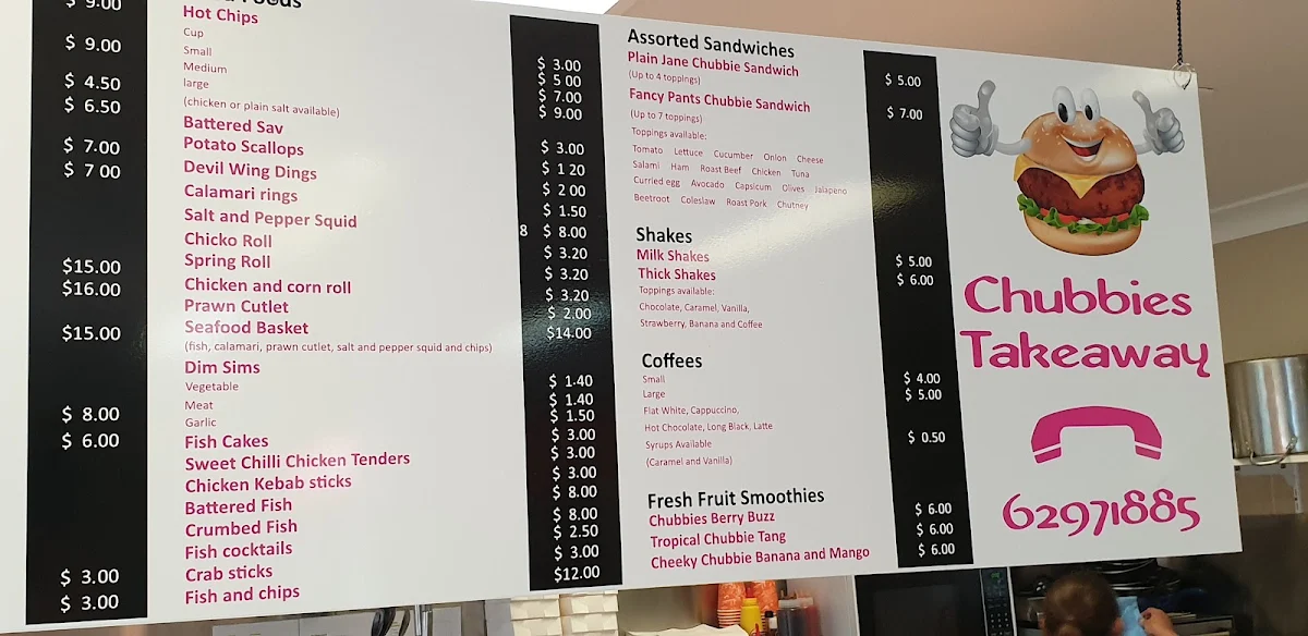 Menu, Chubbies Takeaway