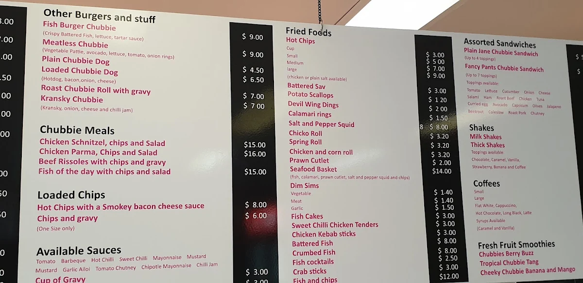 Menu, Chubbies Takeaway