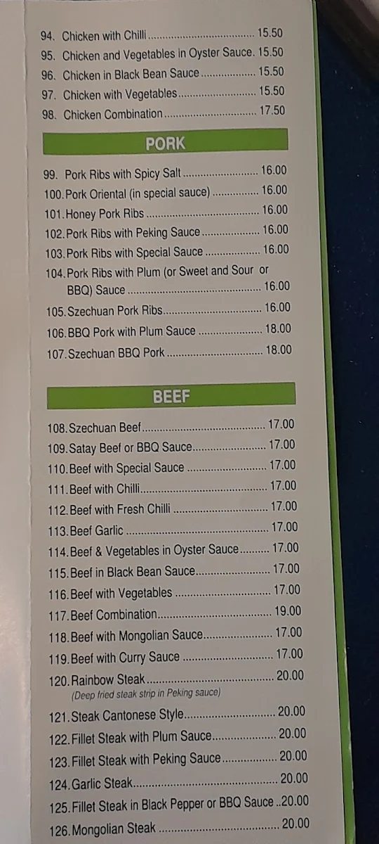 Menu, Golden Star 2001 Chinese Restaurant