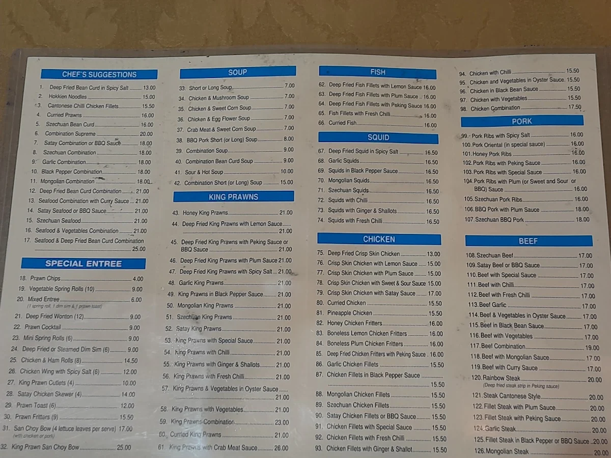 Menu, Golden Star 2001 Chinese Restaurant