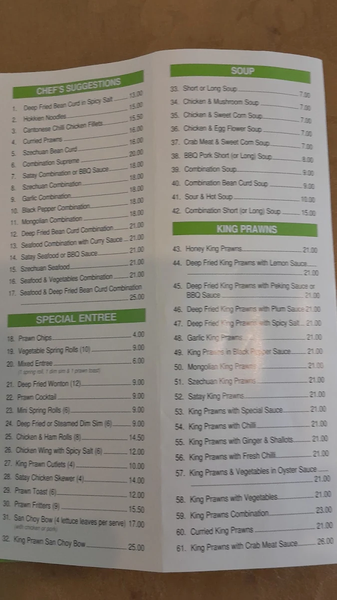 Menu, Golden Star 2001 Chinese Restaurant