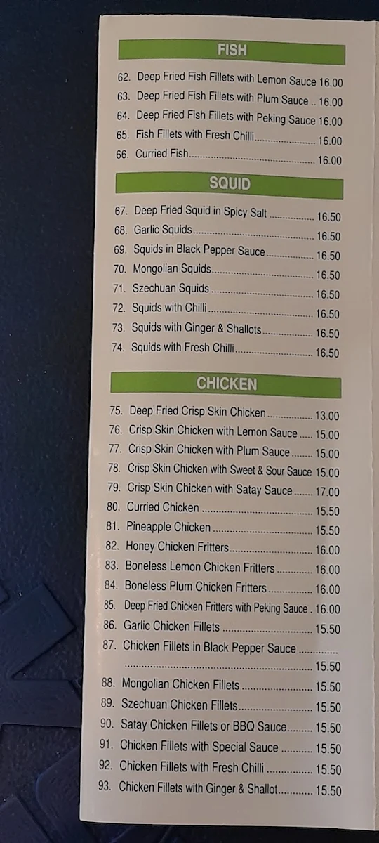 Menu, Golden Star 2001 Chinese Restaurant