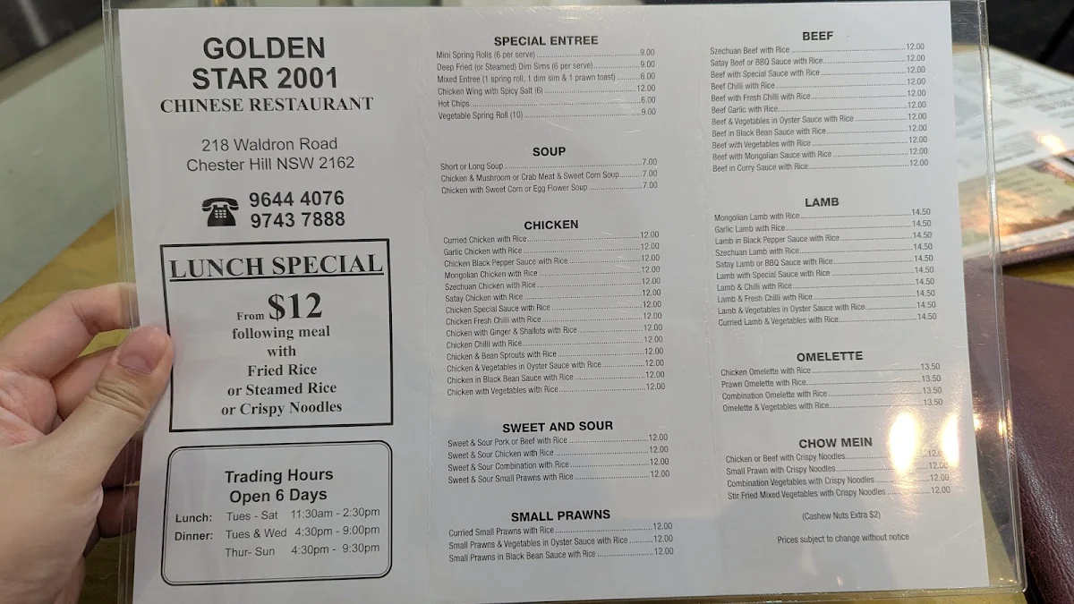 Menu, Golden Star 2001 Chinese Restaurant