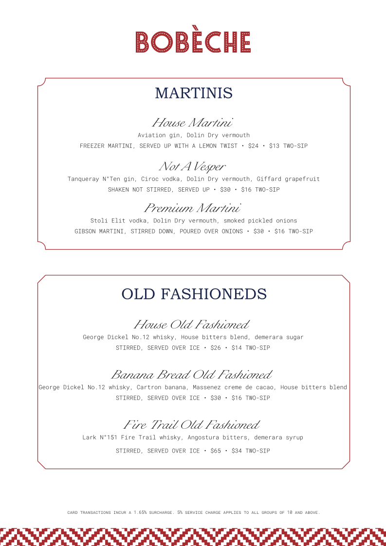Menu, Bobèche Cocktail Bar