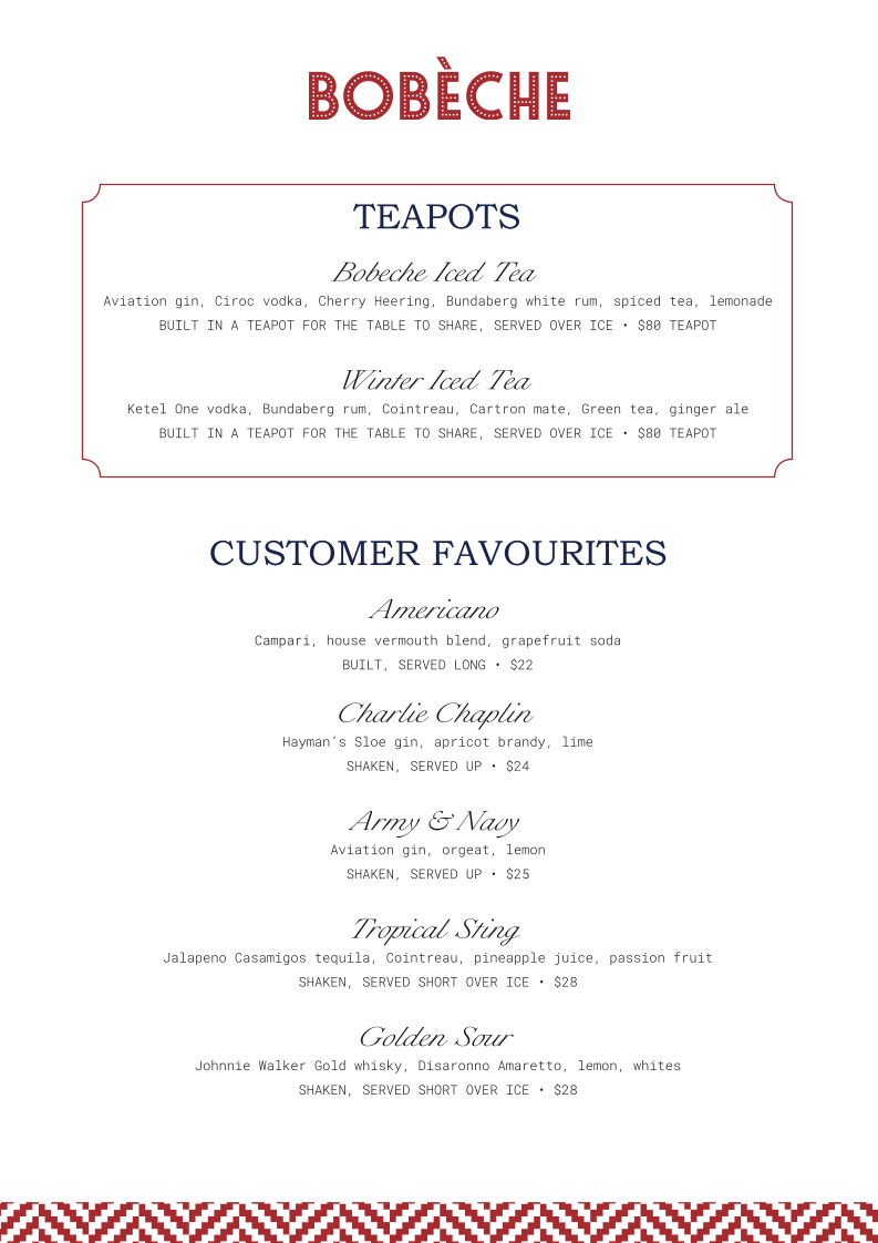 Menu, Bobèche Cocktail Bar