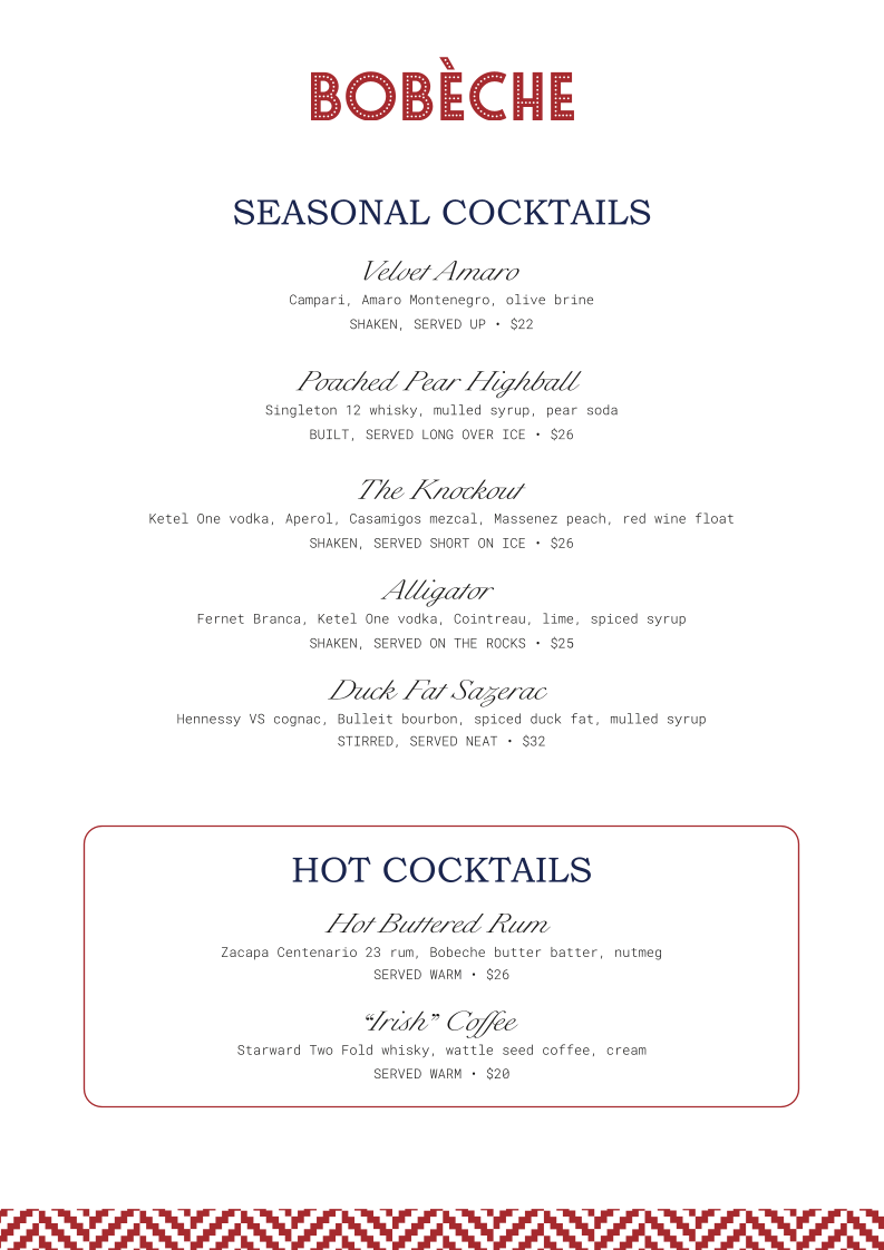 Menu, Bobèche Cocktail Bar
