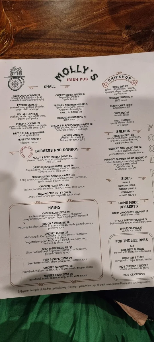 Menu, Molly's Irish Pub Vic Park