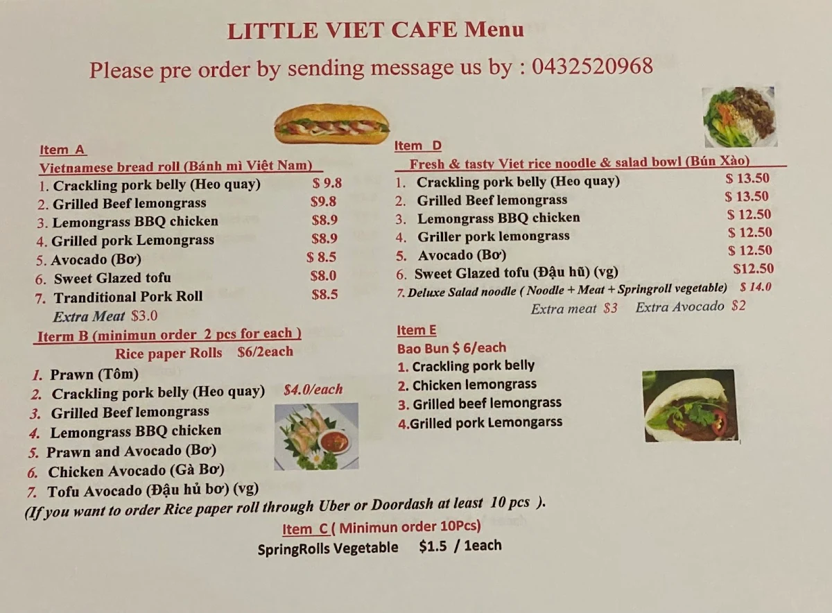 Menu, Little Viet Cafe