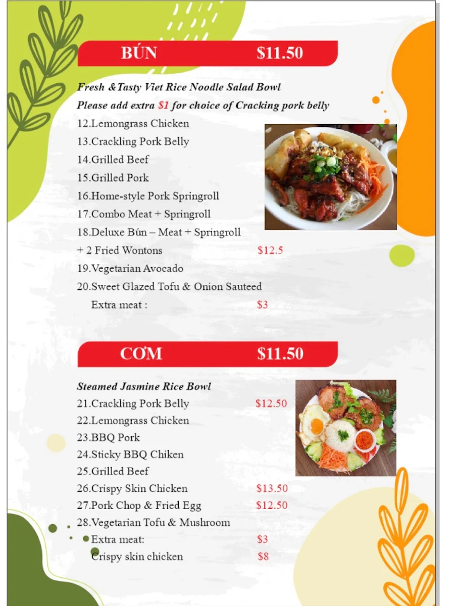 Menu, Little Viet Cafe