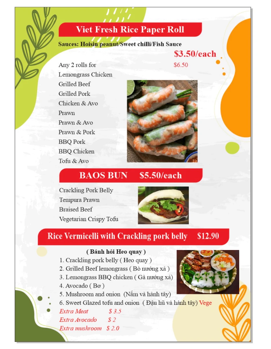 Menu, Little Viet Cafe