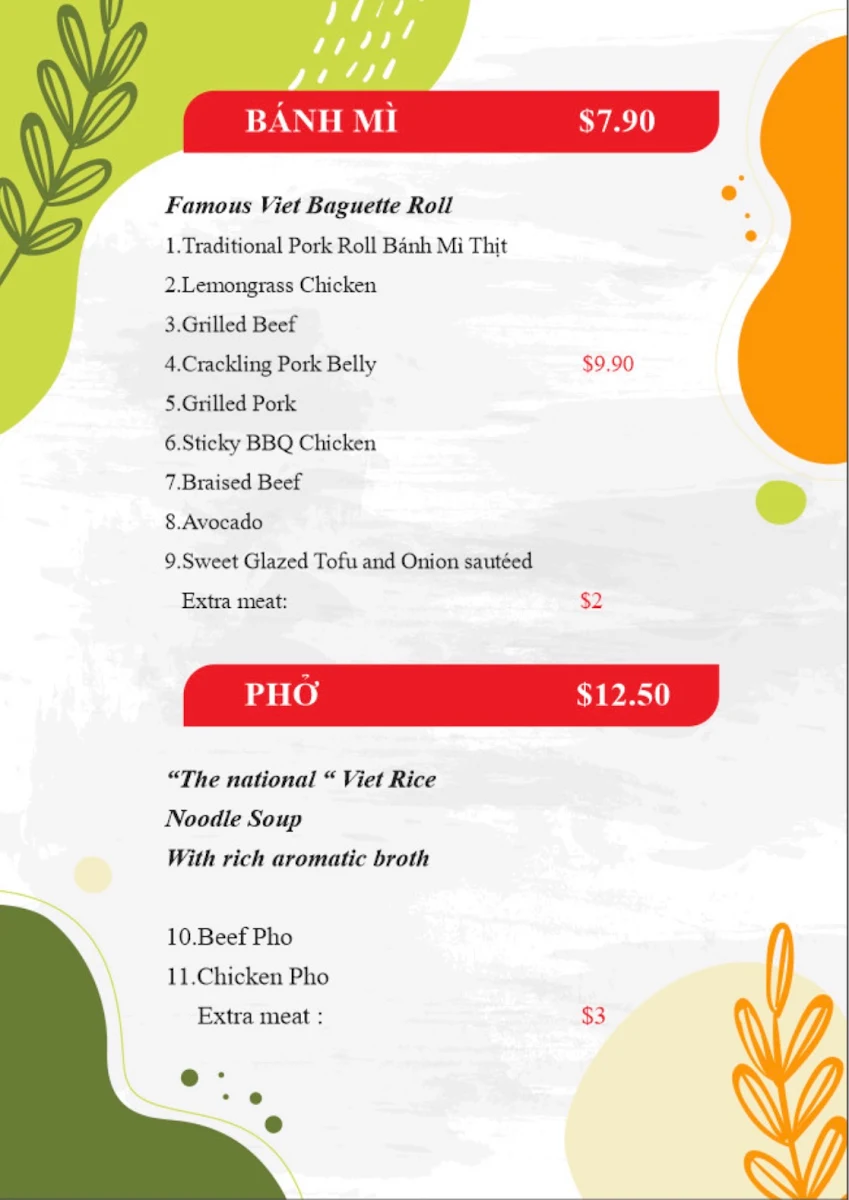 Menu, Little Viet Cafe