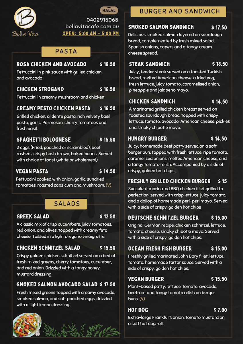 Menu, Bella Vita Cafe - Halal cafe-kings cross-Potts Point