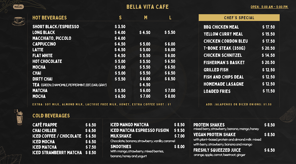 Menu, Bella Vita Cafe - Halal cafe-kings cross-Potts Point