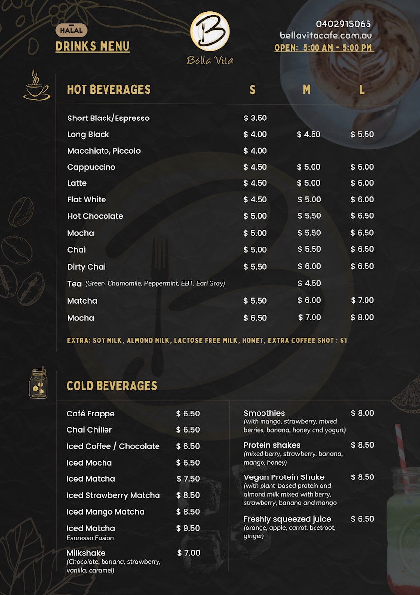 Menu, Bella Vita Cafe - Halal cafe-kings cross-Potts Point