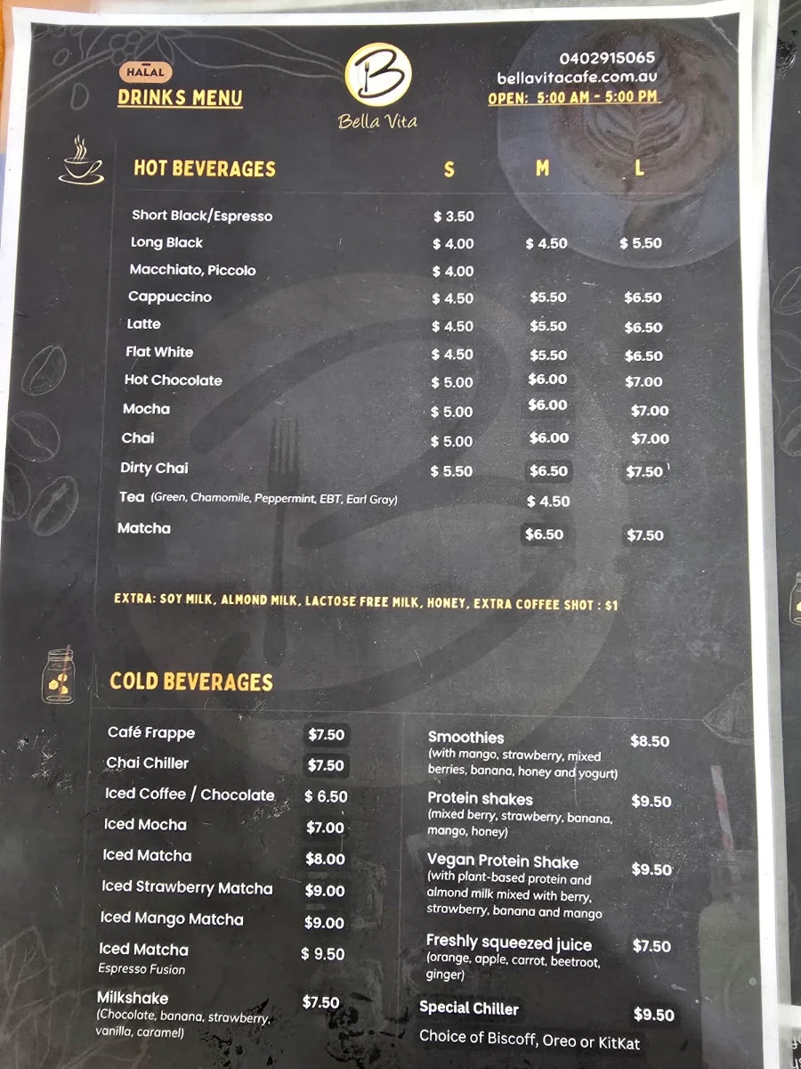 Menu, Bella Vita Cafe - Halal cafe-kings cross-Potts Point