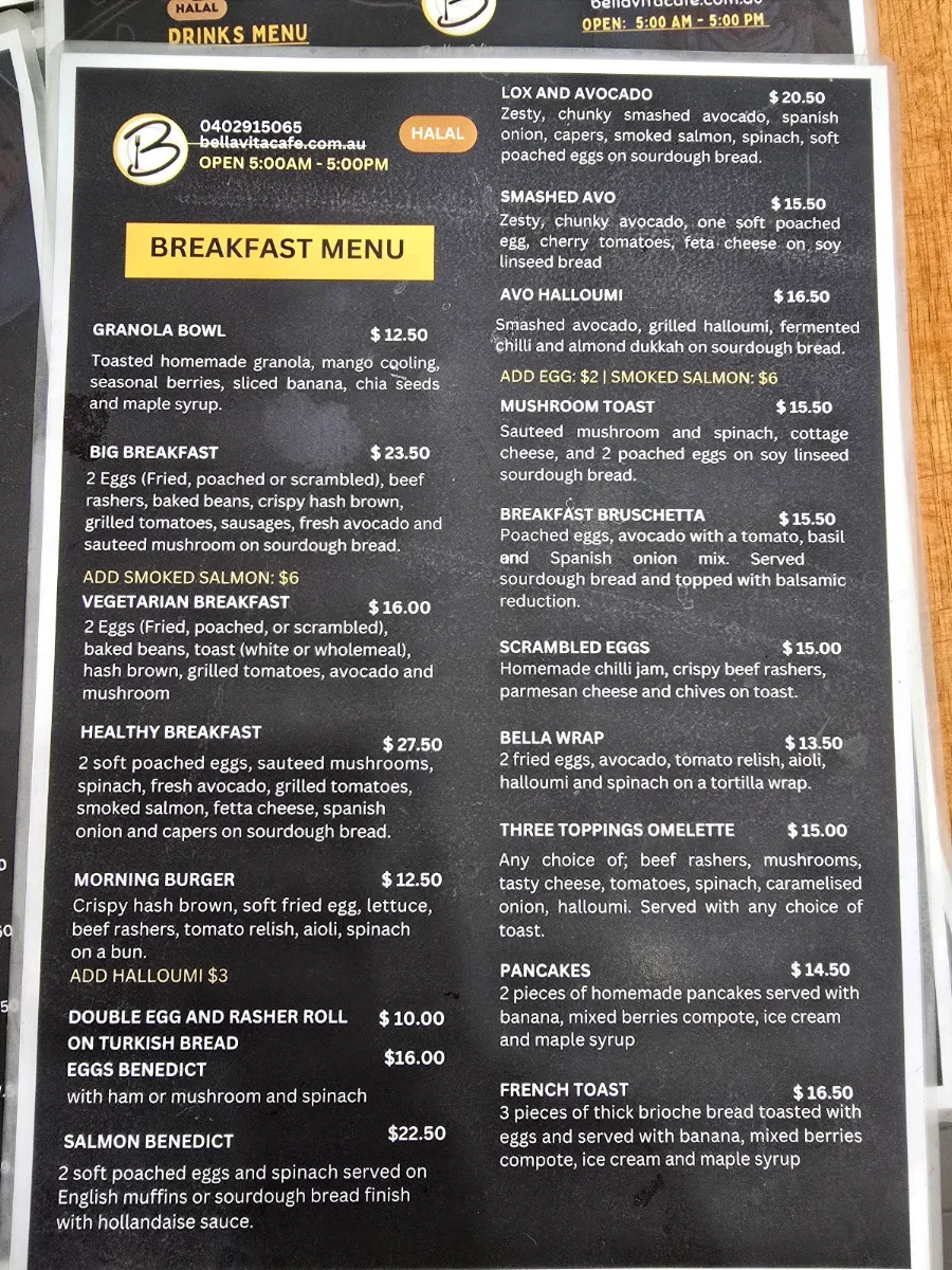 Menu, Bella Vita Cafe - Halal cafe-kings cross-Potts Point