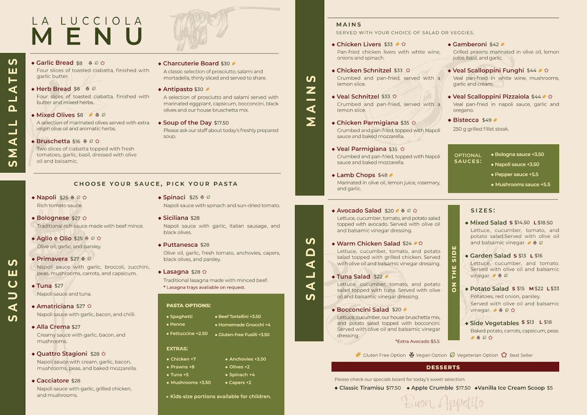 Menu, La Lucciola Bistro