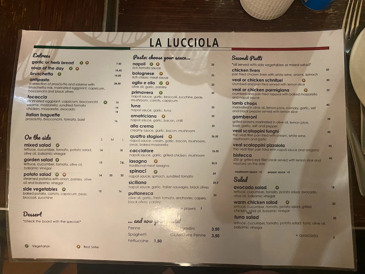 Menu, La Lucciola Bistro