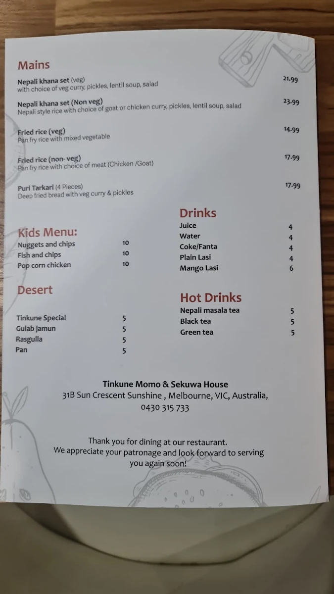Menu, Tinkune Momo & Sekuwa House