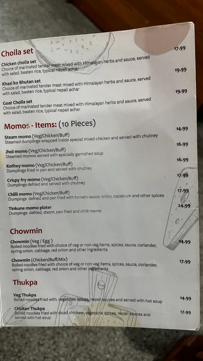 Menu, Tinkune Momo & Sekuwa House