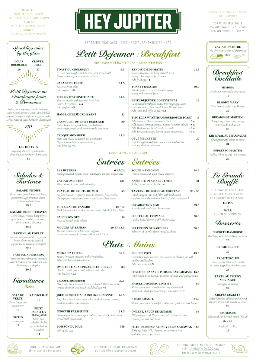 Menu, Hey Jupiter Brasserie Francaise