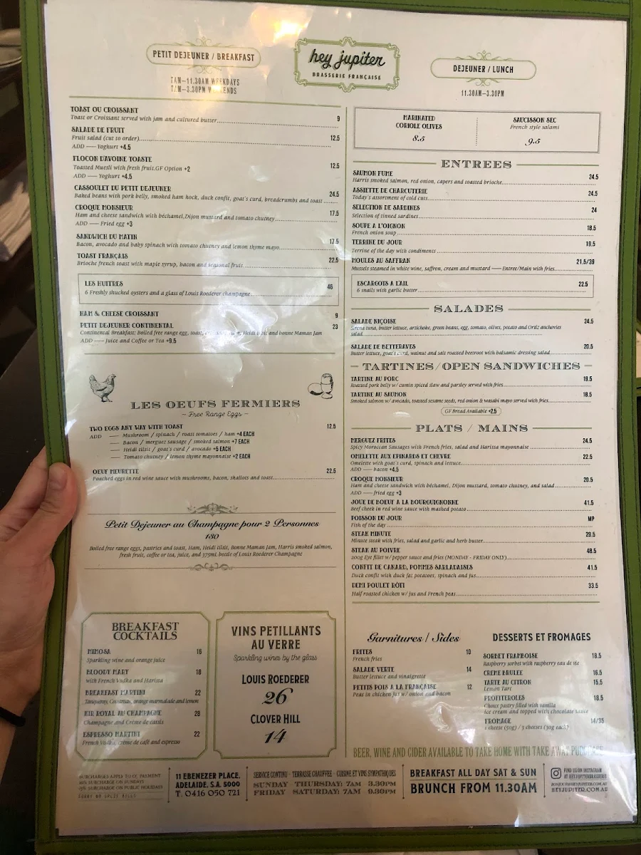 Menu, Hey Jupiter Brasserie Francaise