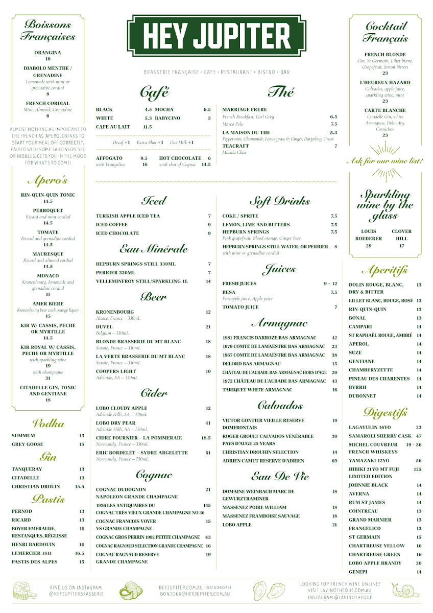 Menu, Hey Jupiter Brasserie Francaise