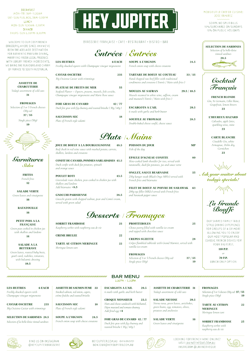 Menu, Hey Jupiter Brasserie Francaise