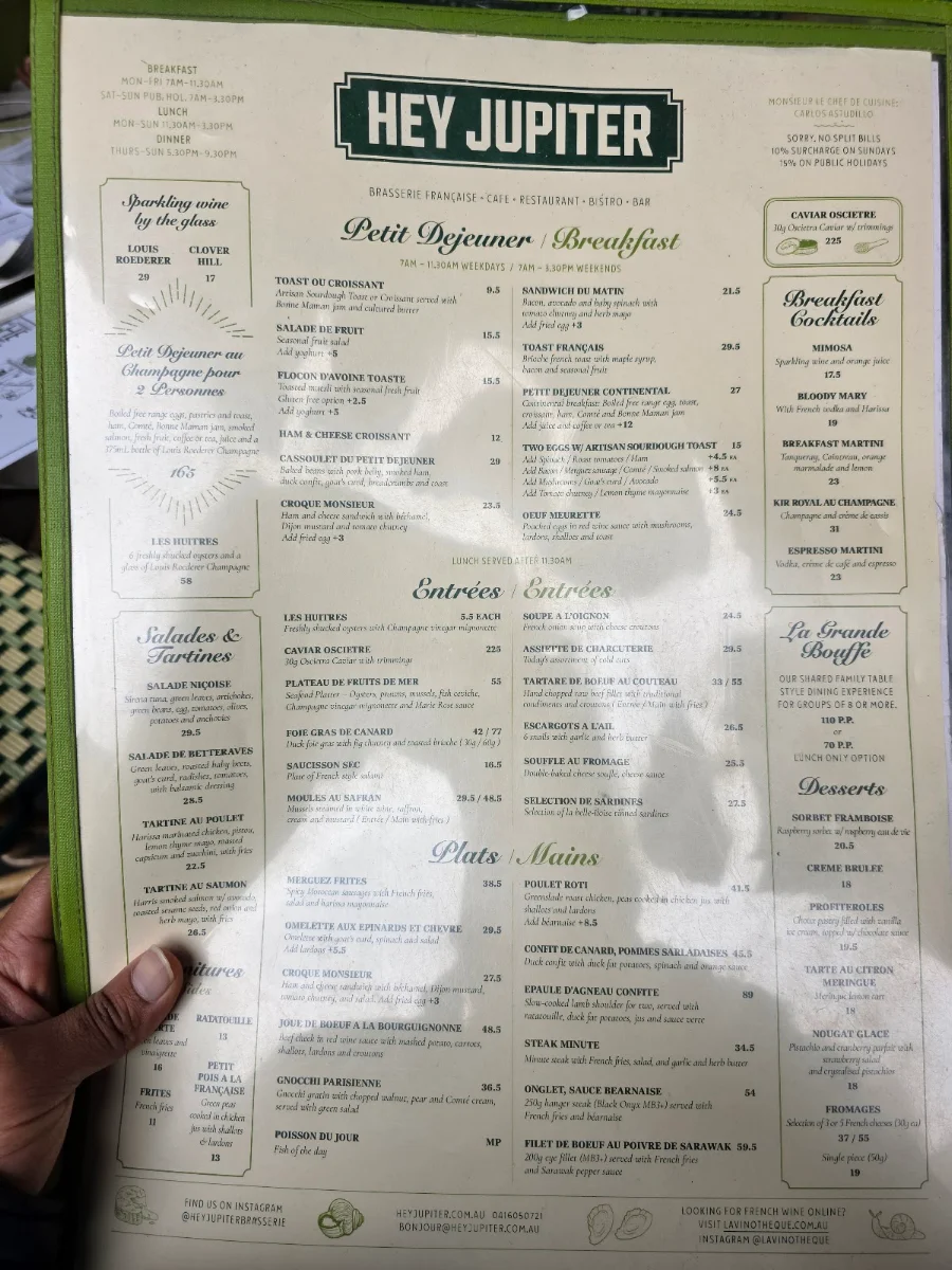 Menu, Hey Jupiter Brasserie Francaise