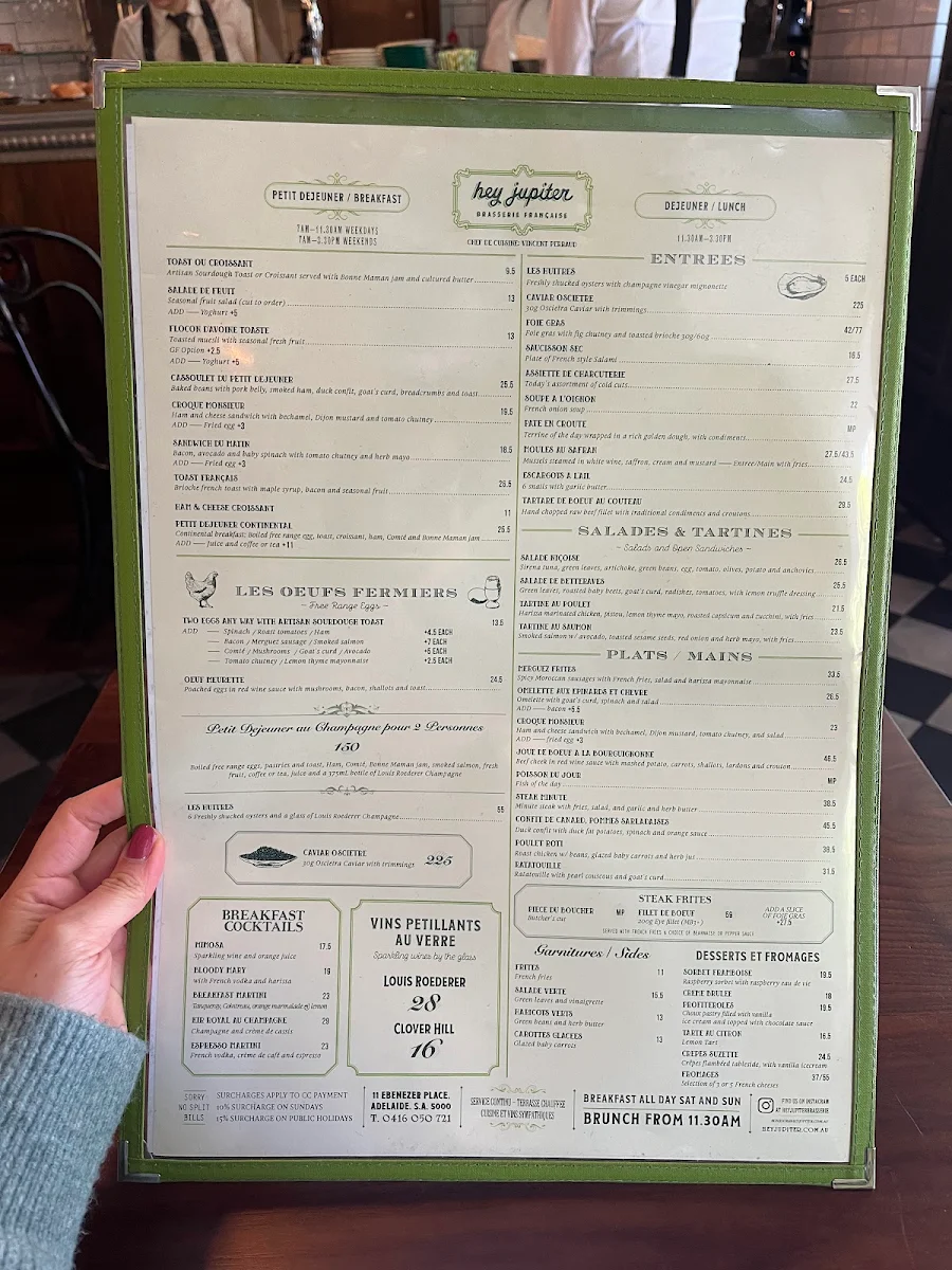 Menu, Hey Jupiter Brasserie Francaise