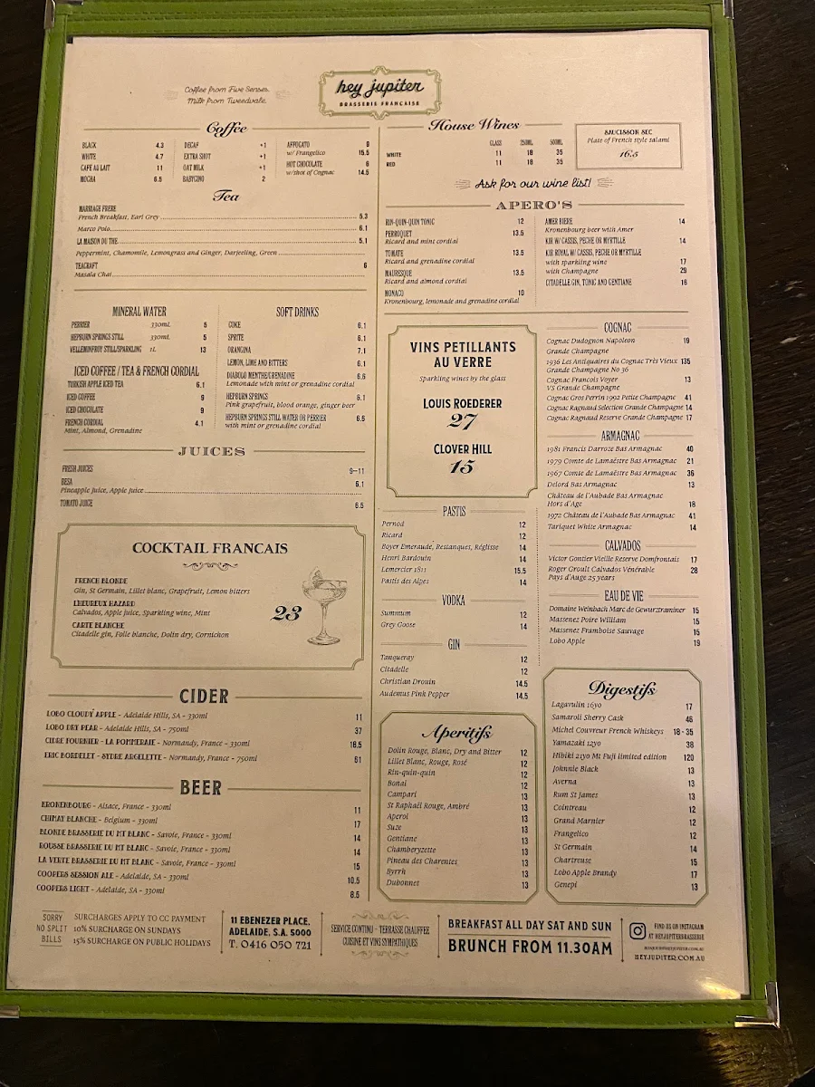 Menu, Hey Jupiter Brasserie Francaise