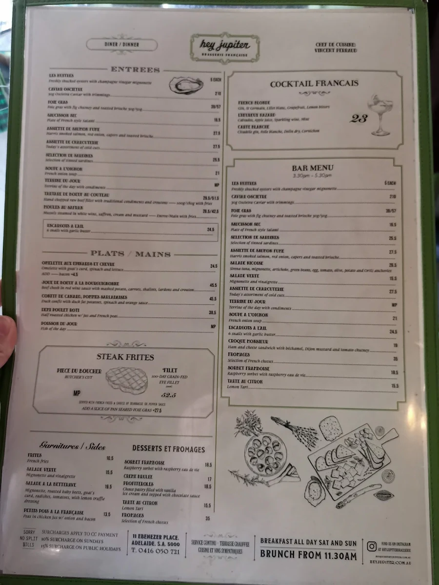 Menu, Hey Jupiter Brasserie Francaise