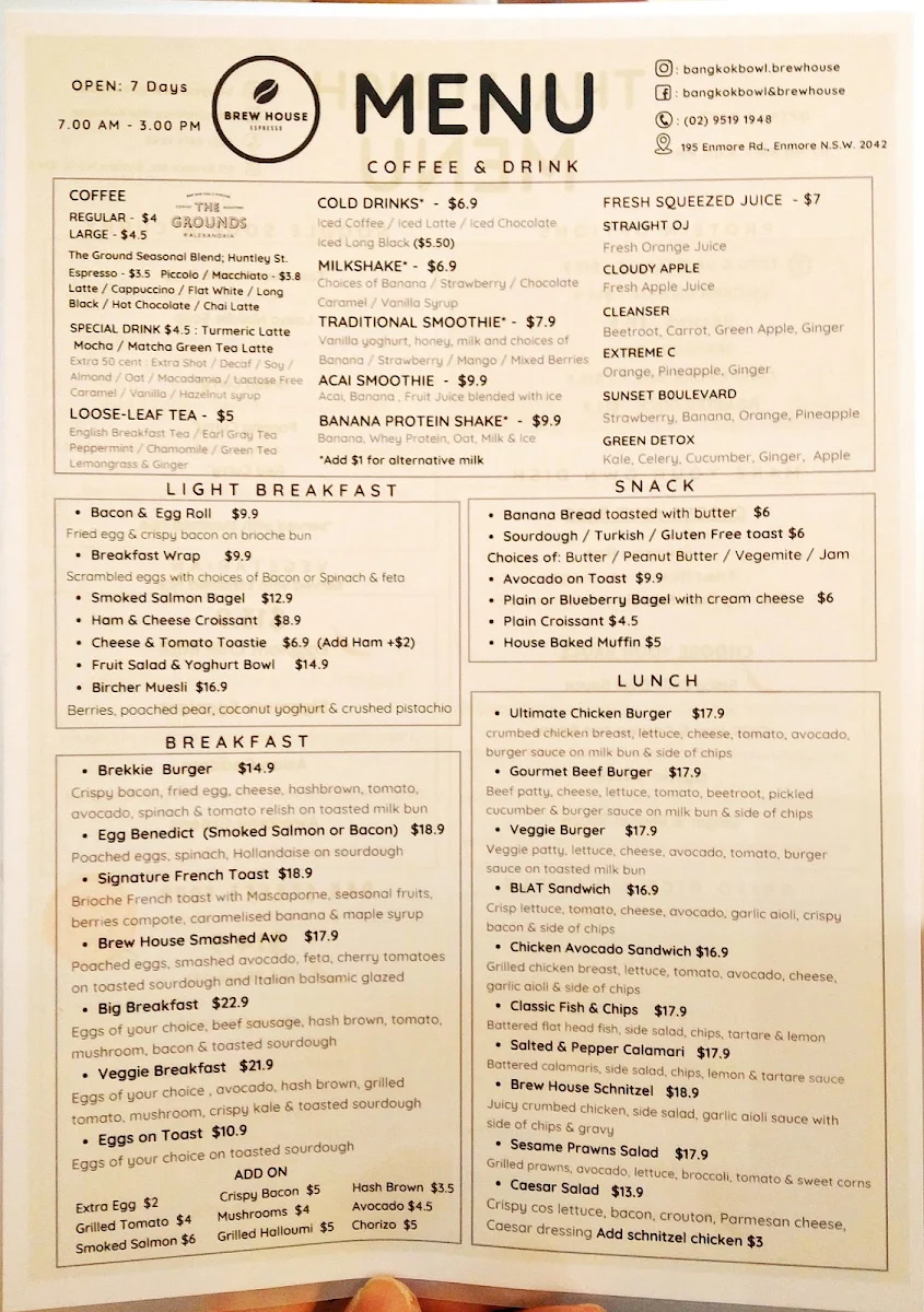 Menu, Bangkok Bowl and Brew House
