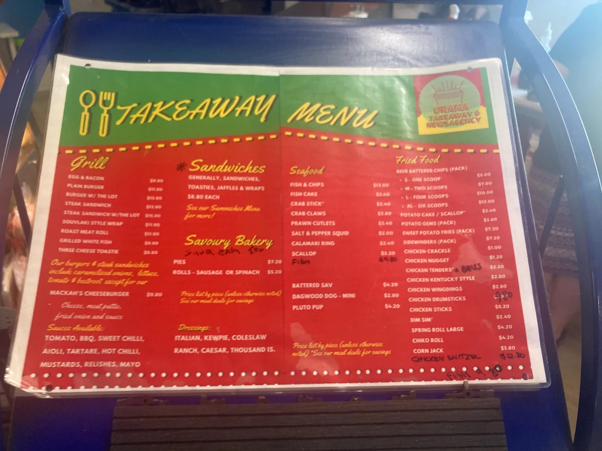 Menu, Urana Newsagency & Takeaway