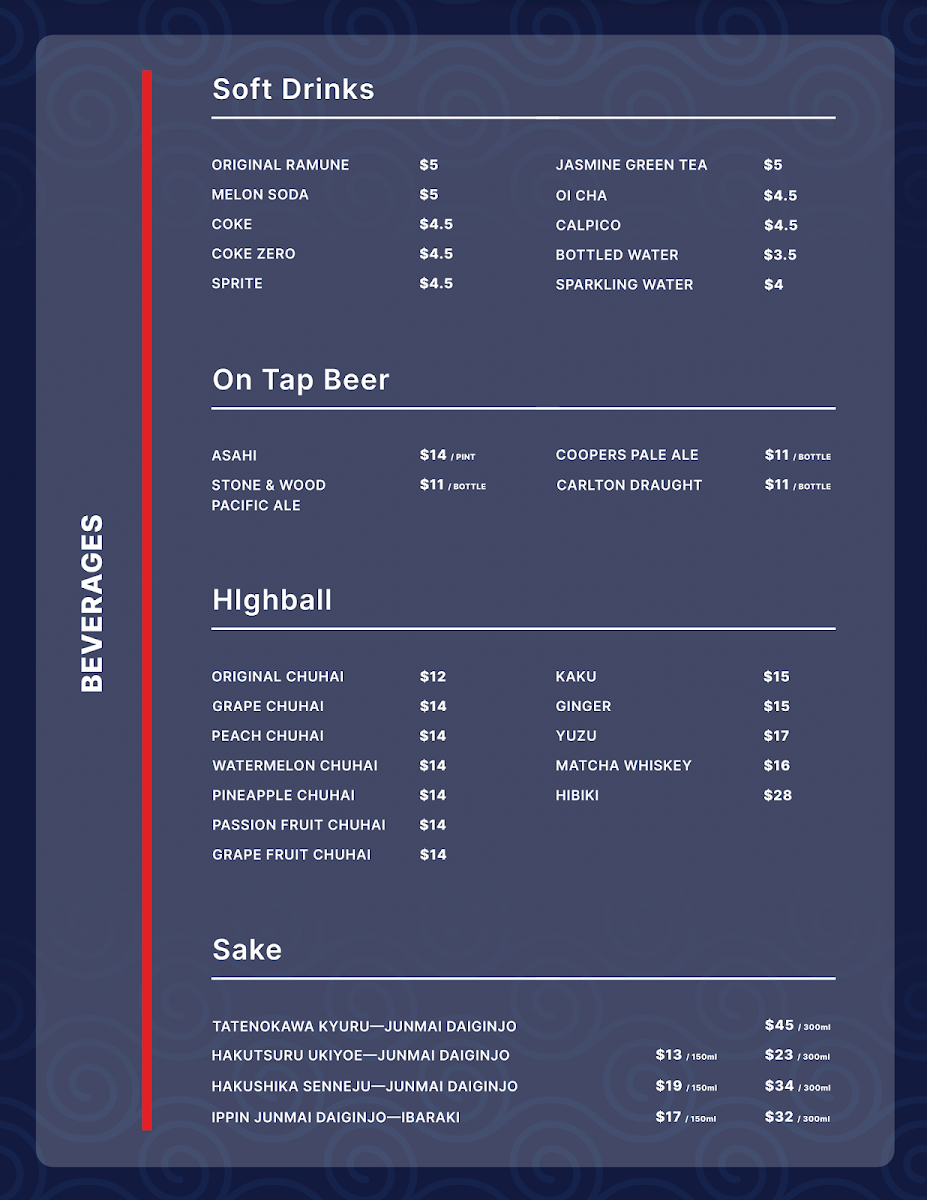 Menu, KOKORO TOKYO MAZESOBA - SYDNEY