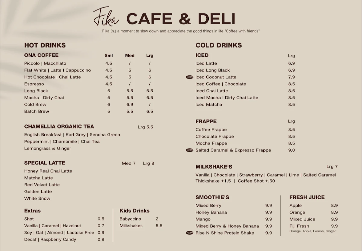 Menu, Fika Cafe & Deli