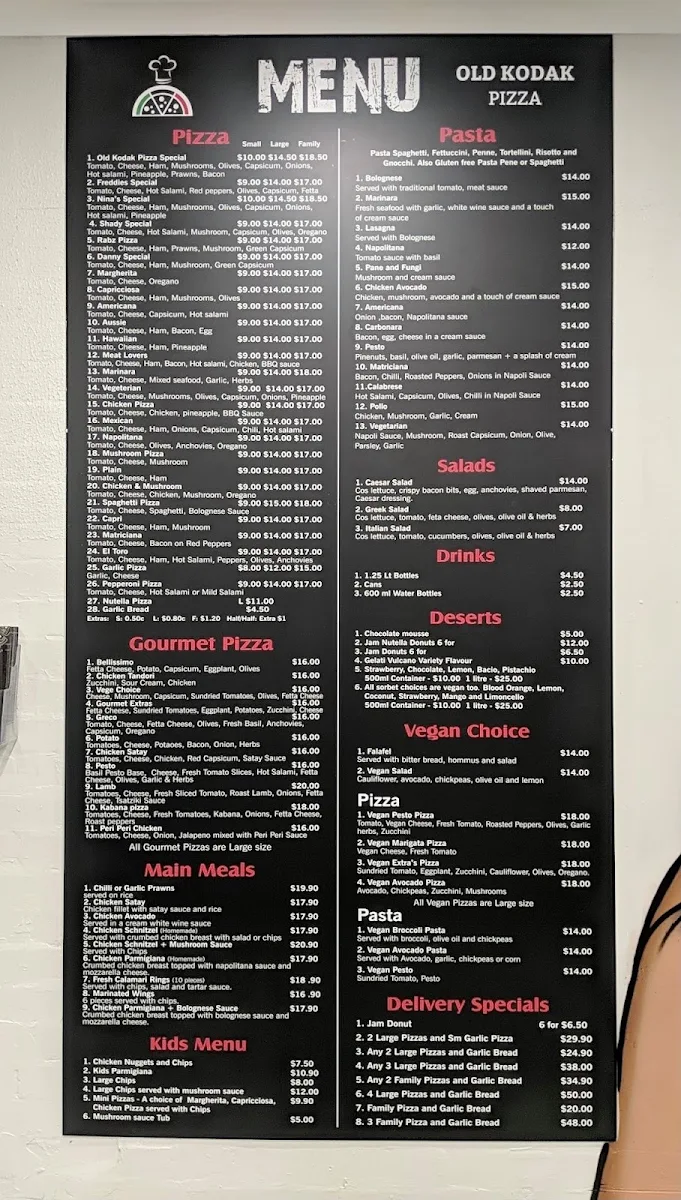 Menu, Old Kodak Pizza
