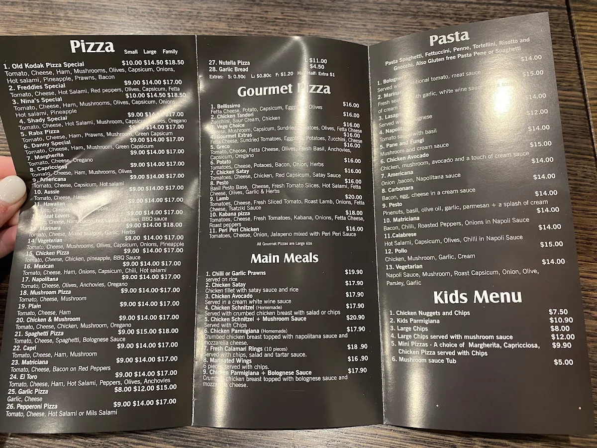 Menu, Old Kodak Pizza