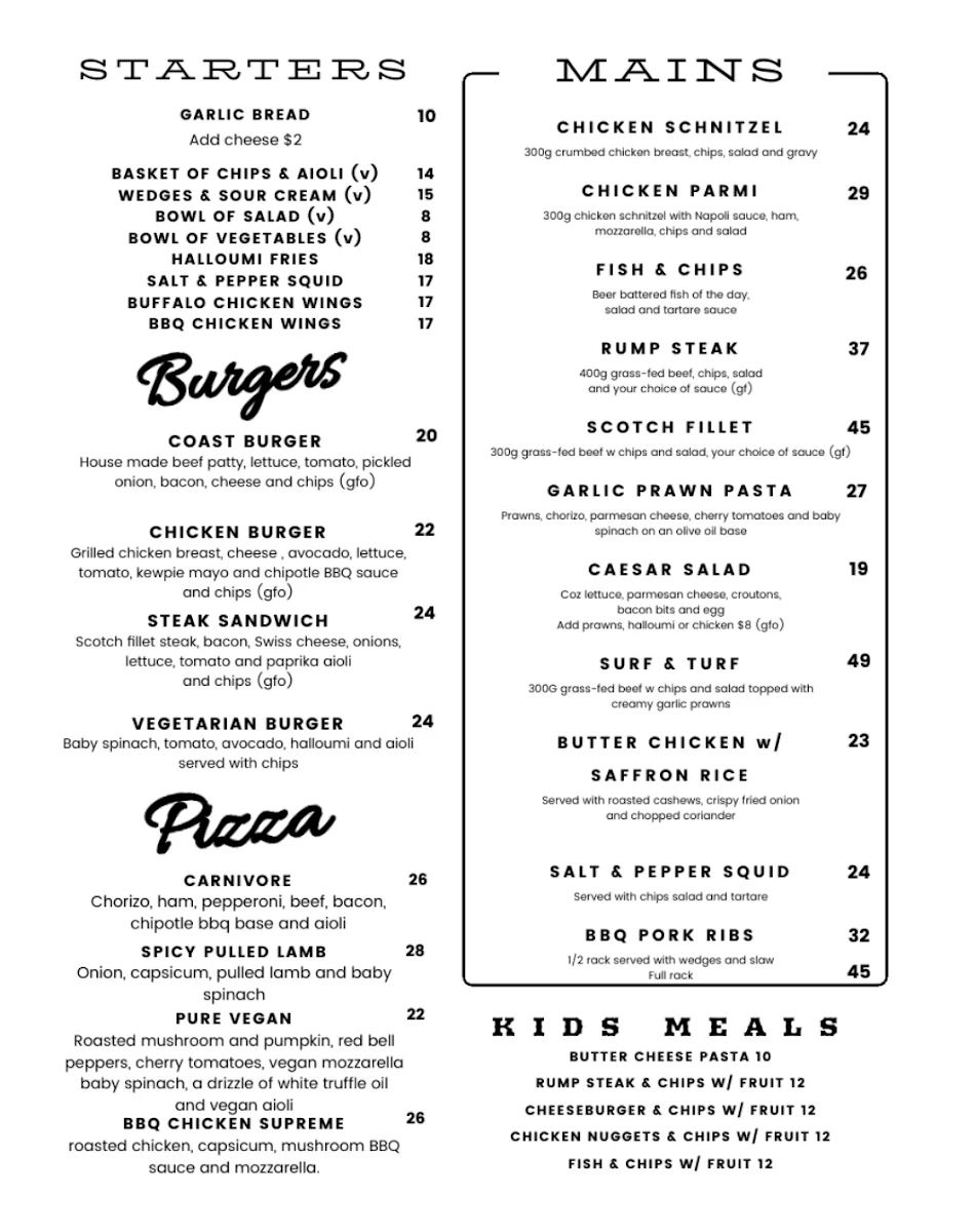 Menu, The Coast Hotel