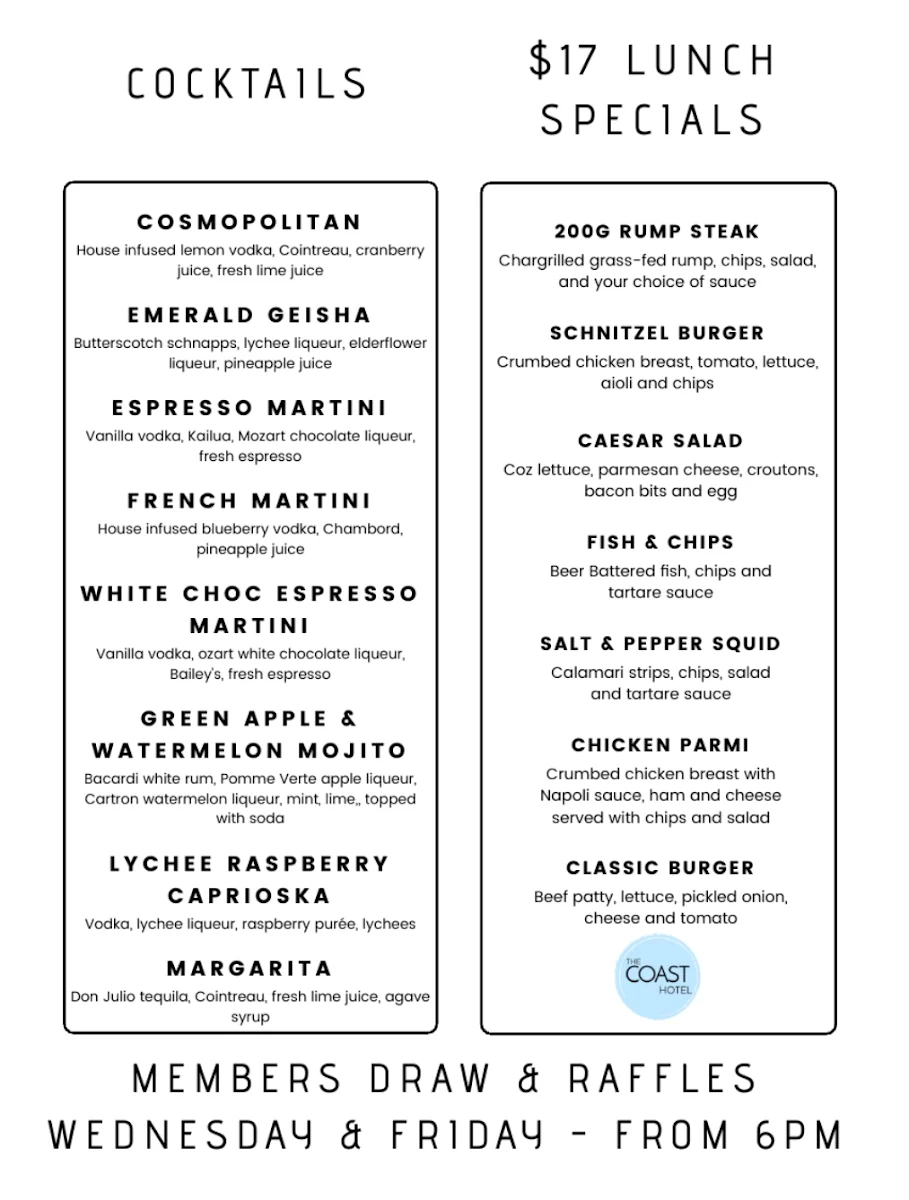 Menu, The Coast Hotel
