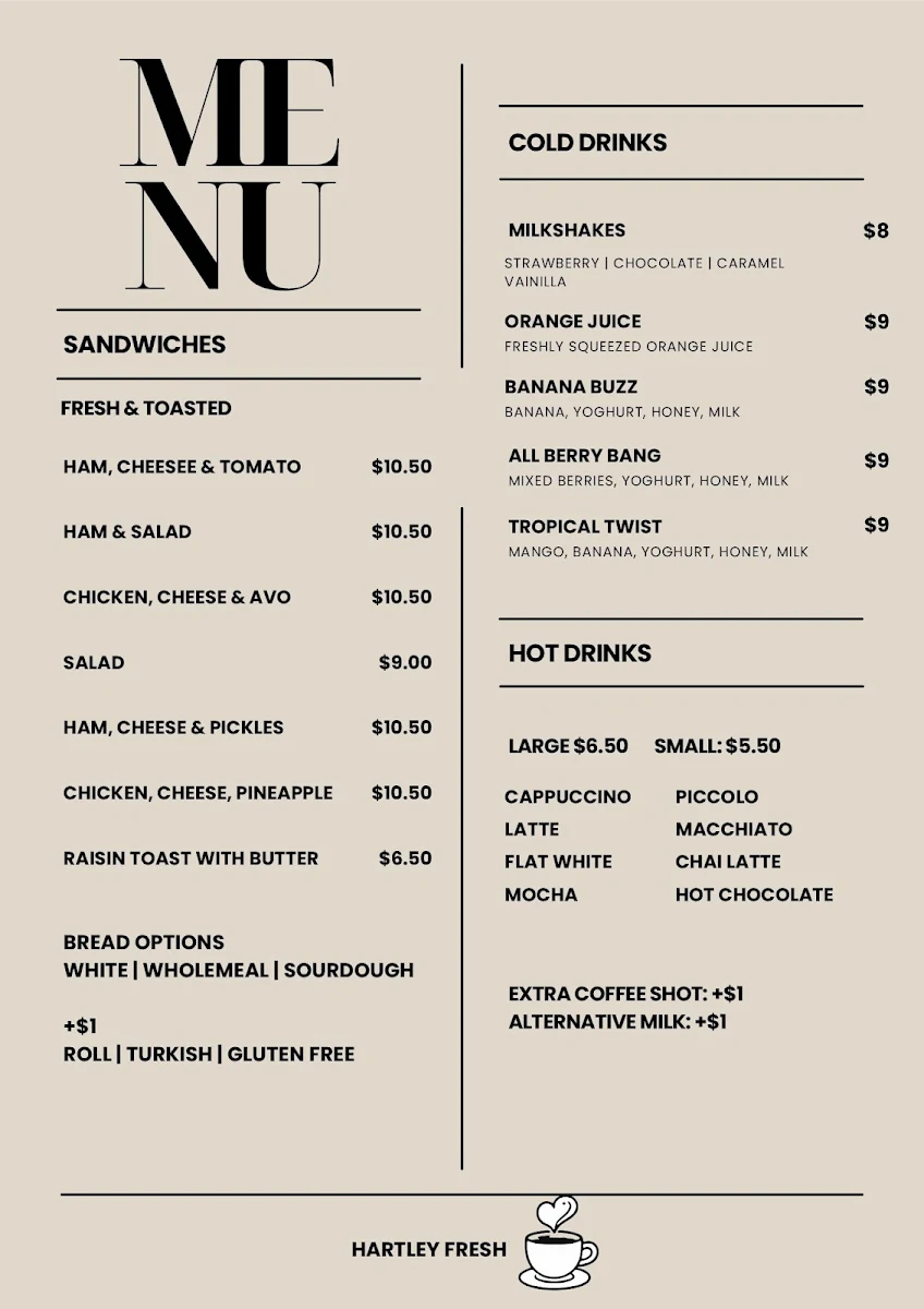 Menu, Hartley House Cafe