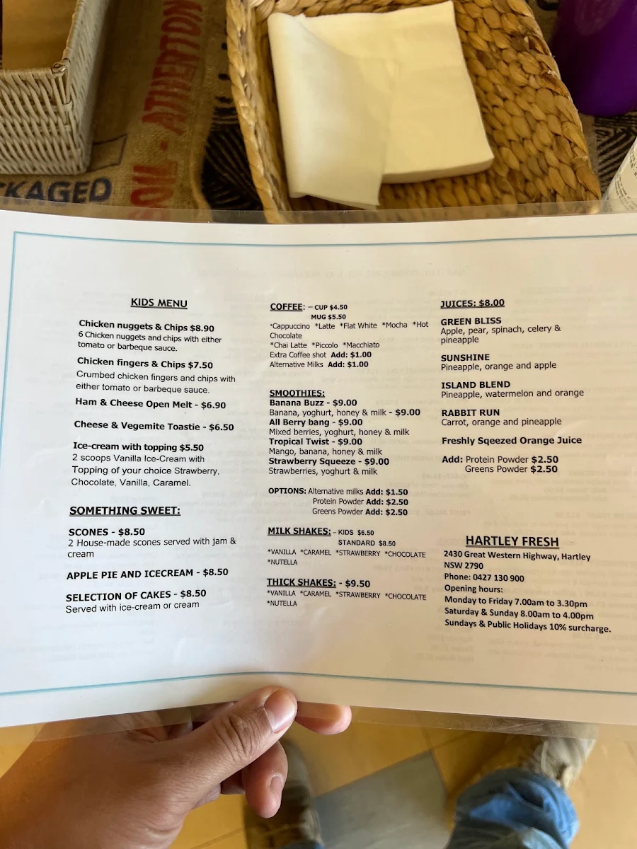 Menu, Hartley House Cafe