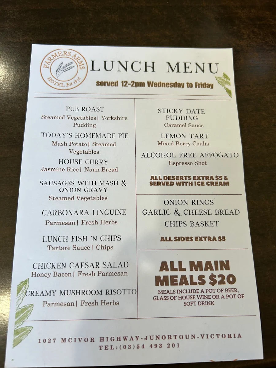 Menu, Farmers Arms Hotel