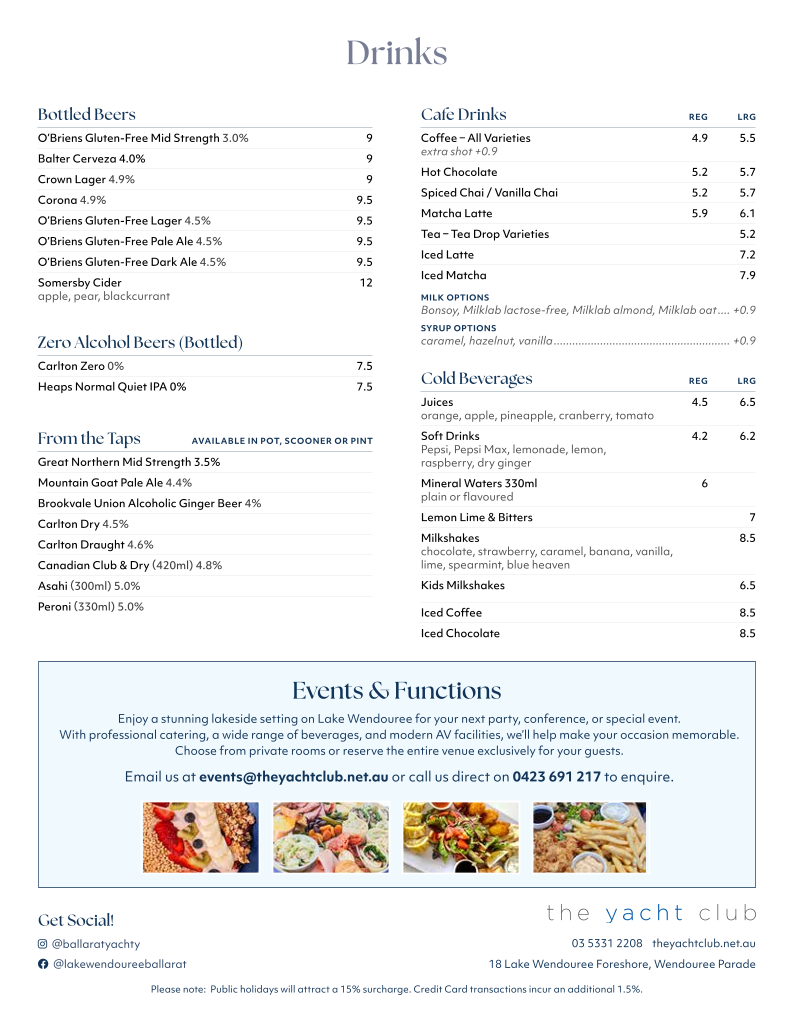 Menu, The Yacht Club Ballarat