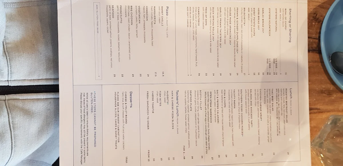Menu, The Yacht Club Ballarat