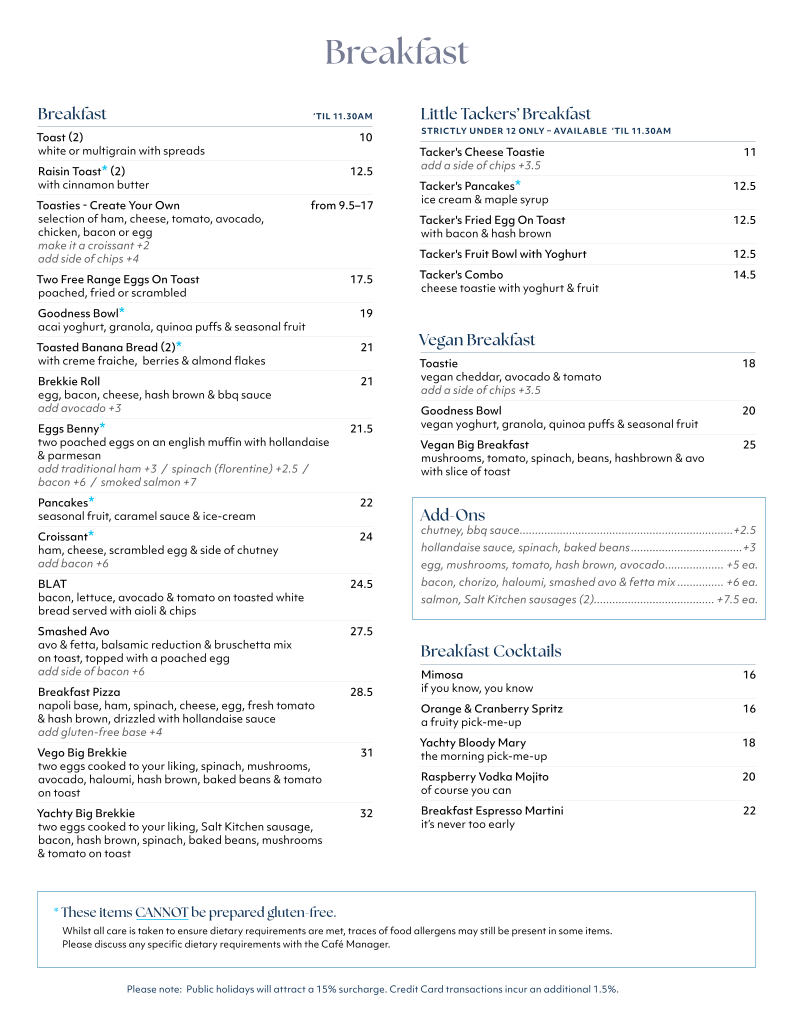 Menu, The Yacht Club Ballarat