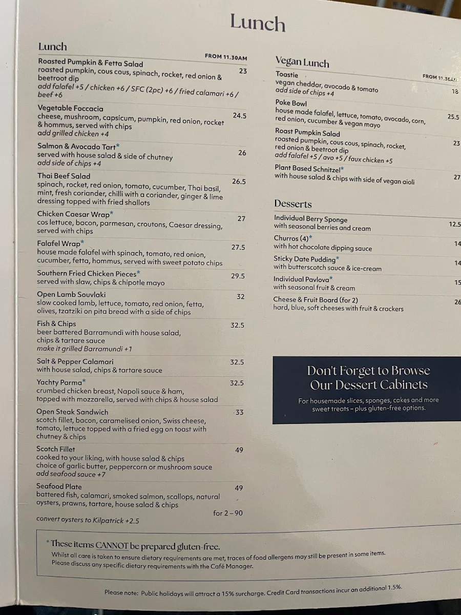 Menu, The Yacht Club Ballarat